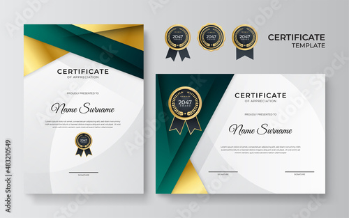 Modern green certificate template and border, for award, diploma, and printing. Green and gold elegant certificate of achievement template with gold badge and border