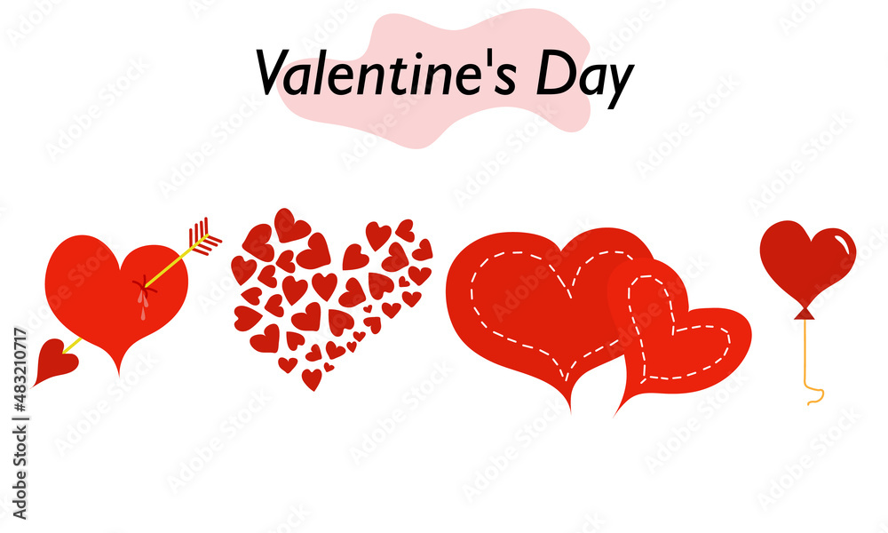 A set of hearts in color. Red beautiful hearts symbolizing love and devotion. A symbol of love and a Valentine Day holiday. Vector illustration.