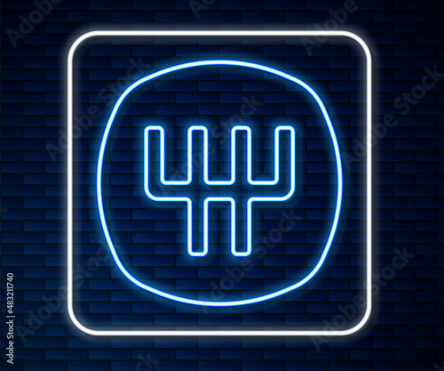 Glowing neon line Gear shifter icon isolated on brick wall background. Manual transmission icon. Vector