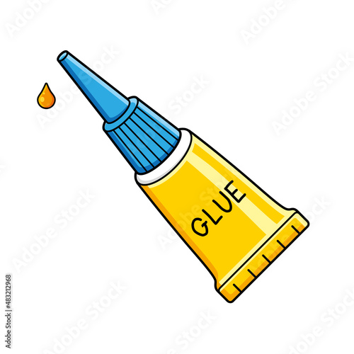 Yellow super glue tube isolated cartoon vector icon with drop