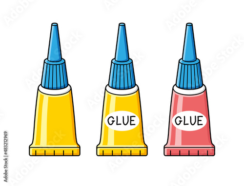 Yellow and red super glue tube isolated cartoon vector icons set