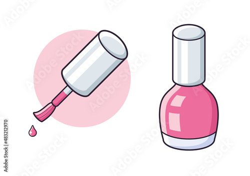 Pink nail polish bottle isolated and brush with drops icon cartoon vector
