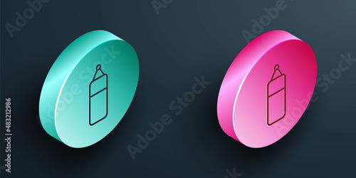 Isometric line Punching bag icon isolated on black background. Turquoise and pink circle button. Vector