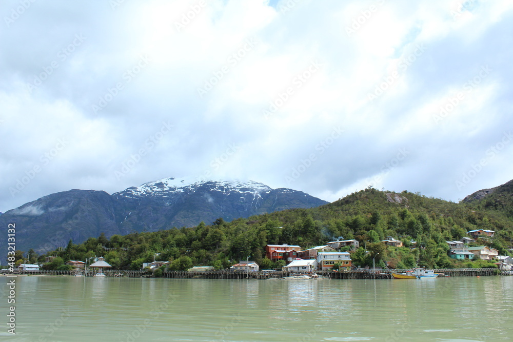 Puerto Tortel, south Chile, houses over water.