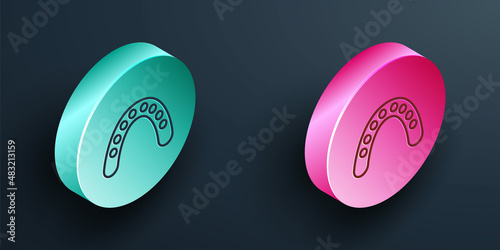 Isometric line Mouth guard boxer icon isolated on black background. Turquoise and pink circle button. Vector