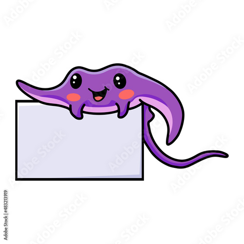 Cute little purple stingray cartoon with blank sign