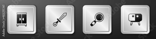 Set Wardrobe, Medieval sword, Magnifying glass and TV table stand icon. Silver square button. Vector