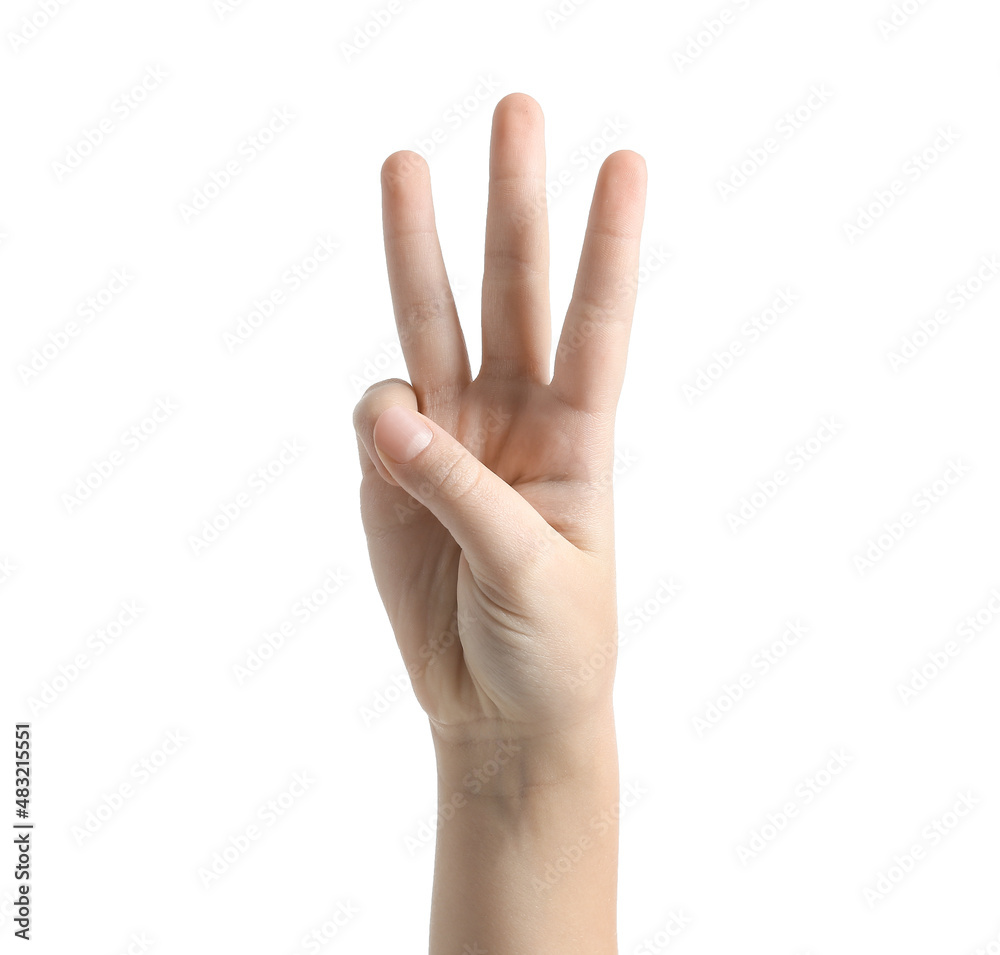 Child showing three fingers on white background Child showing three fingers on white background