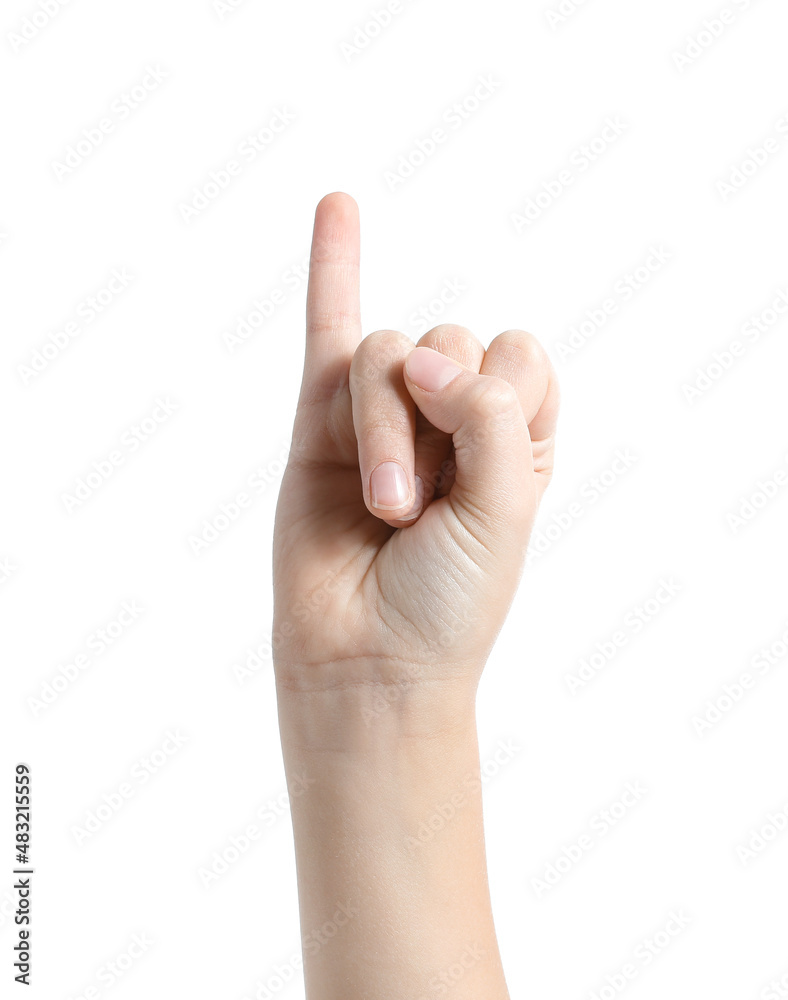 Child showing pinkie finger on white background Child showing pinkie finger on white background