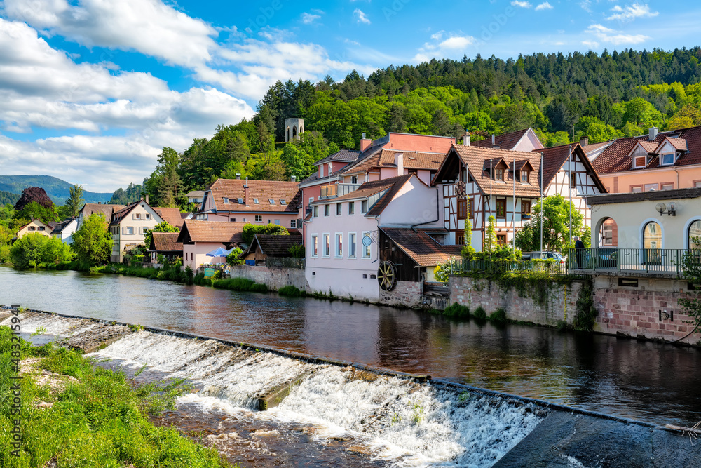 Idyllic view of river Murg and buildings in Gernsbach, Black Forest, Germanyiew of river Murg an buildings in Gernbach, Black Forest, Germany