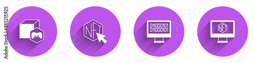 Set NFT Digital crypto art, Binary code and Monitor with store app icon with long shadow. Vector