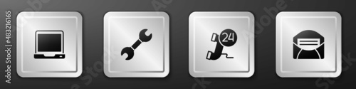 Set Laptop, Wrench spanner, Telephone 24 hours support and Mail and e-mail icon. Silver square button. Vector
