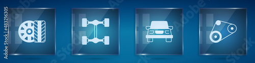 Set Car tire wheel, Chassis car, and Timing belt kit. Square glass panels. Vector