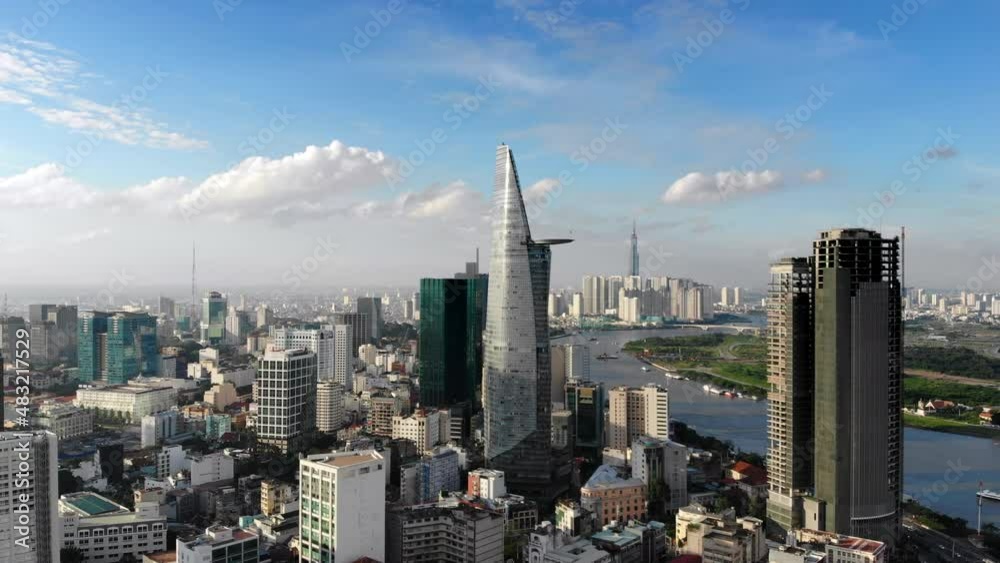 Aerial view of high rise buildings in the financial district of Ho Chi Minh City, formerly known as Saigon, the largest city in Vietnam.