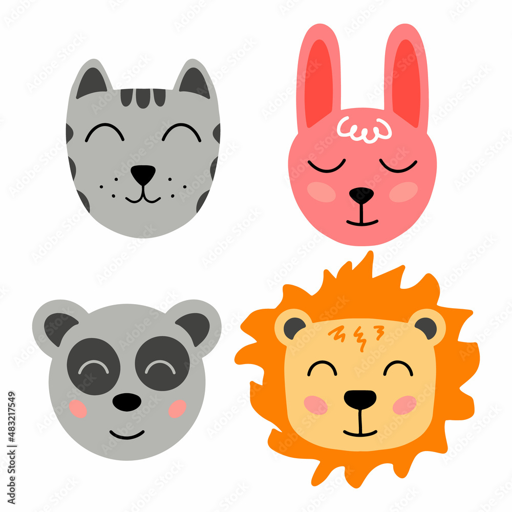 Cute hand drawn animal for kids poster. Cute cat, lion, panda, rabbit, hare, bunny, tiger cartoon vector illustration. Doodle vector illustration for posters, cards, t-shirts, textiles, kids book