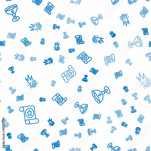 Set line Magic scroll, Medieval goblet and Fireball on seamless pattern. Vector