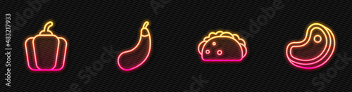 Set line Taco with tortilla, Bell pepper, Eggplant and Steak meat. Glowing neon icon. Vector