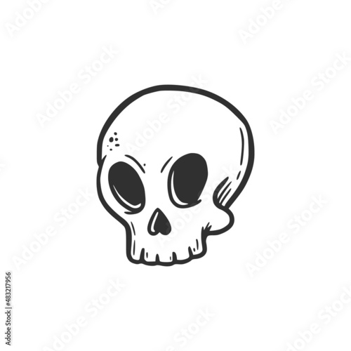 Hand drawn skull head. Doodle sketch style. Drawing line simple skull icon. Isolated vector illustration.