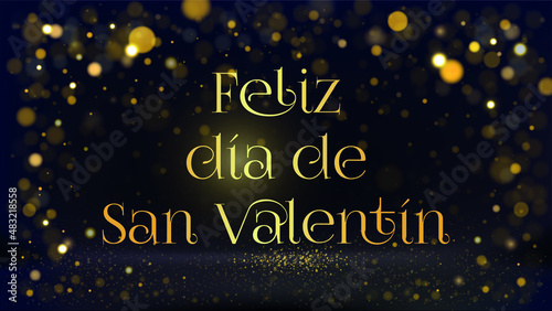 tarjeta o pancarta para un feliz día de San Valentín en oro sobre un fondo negro con círculos dorados en efecto bokeh