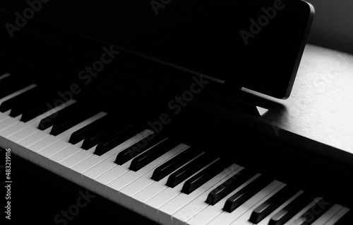 Piano and Electronic piano keyboard with black backgrounds. Closeup of black and white piano keys,  copy space, banner