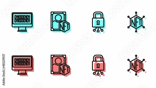 Set line Cyber security, Binary code, NFT Digital crypto art and blockchain technology icon. Vector