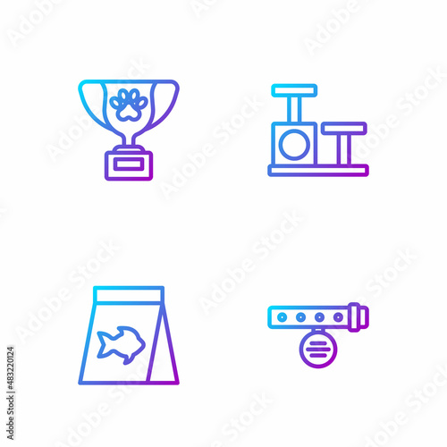 Set line Collar with name tag, Food for fish, Pet award symbol and Cat scratching post toy. Gradient color icons. Vector