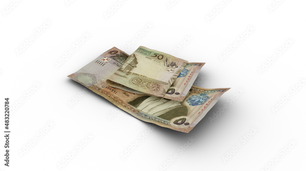 3D rendering of Double 50 Jordanian dinar notes with shadows 