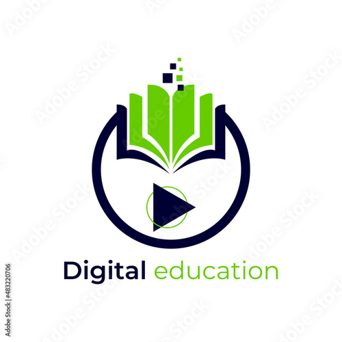 Digital Education Logo Concept. Book Play Button Logo Vector Icon Illustration