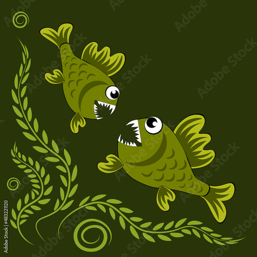 predatory evil piranha fish. Fabulous underwater world. Styling, cartoon style