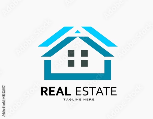 Real estate logo with letter A. Creative design of house in blue color. Vector for company, architecture, developer, residence