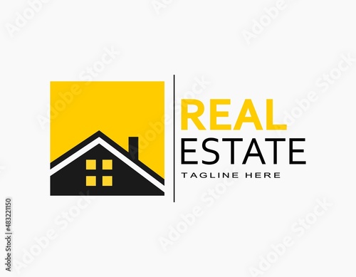Real estate logo with yellow and black. Square icon of house with chimney. Elegant minimal vector for company, architecture, developer, residence