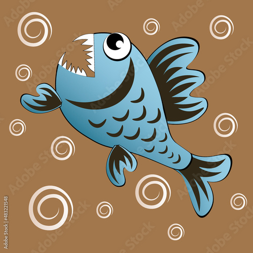 predatory evil piranha fish. Fabulous underwater world. Styling, cartoon style