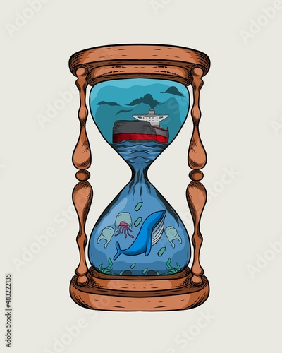 illustration vector graphic of ocean,ship,pollution,whale,sand glass design,suitable for background,poster,print,etc.