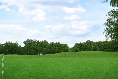 Beautiful view of park with green grass on sunny day