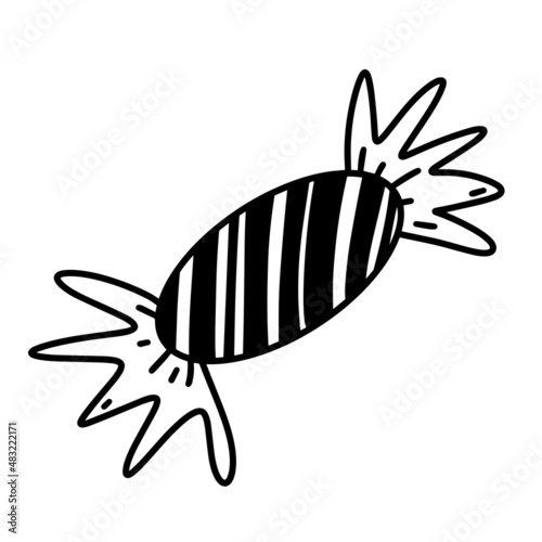 Candy in a striped wrapper vector icon. Hand drawn illustration isolated on white background. Delicious sweet lollipop, caramel dessert sketch. Monochrome doodle for decoration, card design