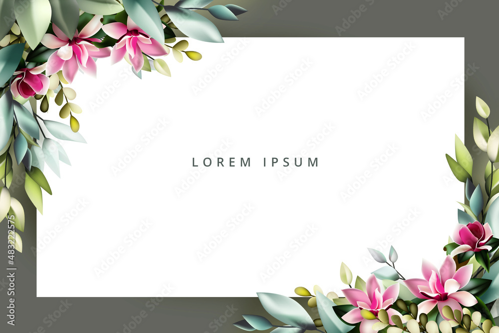 Fototapeta premium Spring flora frame background with green leaves and beautiful flower