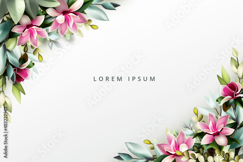 Spring flora frame background with green leaves and beautiful flower 