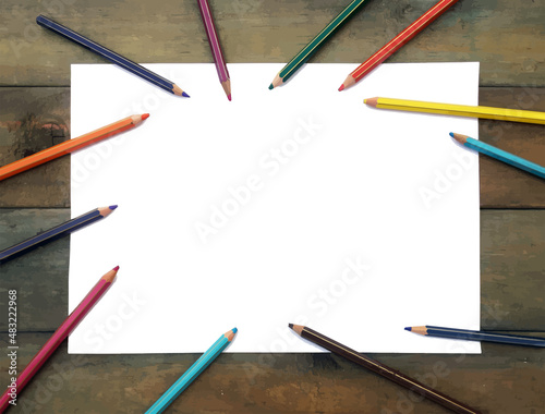 Blank sheet to write messages, notes, sketches or drawings.
Vector of empty paper on wooden boards surrounded by colored pencils.