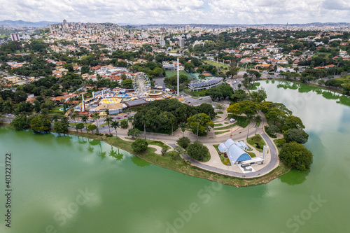 Photography Aerial view of Lagoa da Pampulha, Igreja São Francisco in the city of Belo Horizonte, in Minas Gerais, Brazil