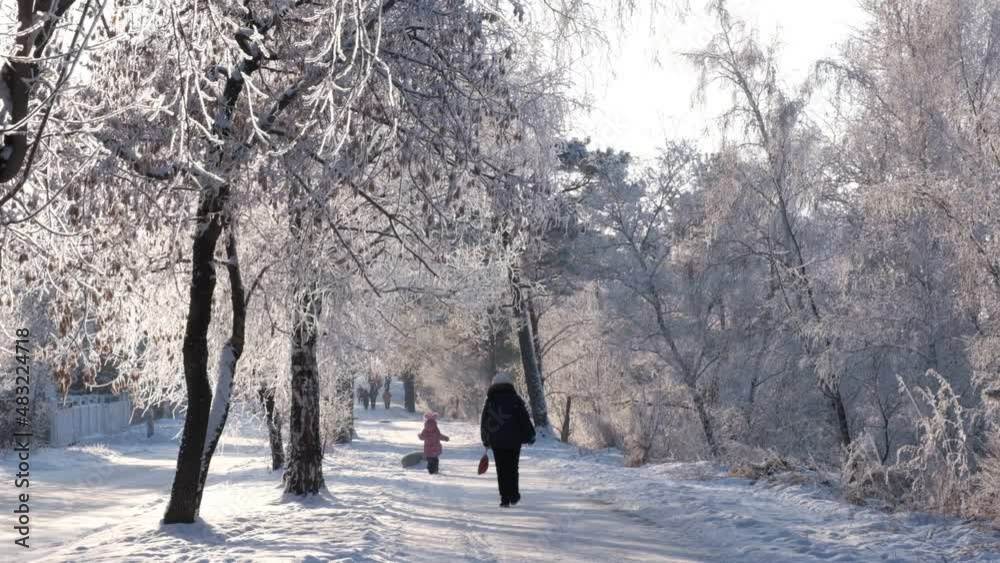 Grandmother with granddaughter walking in snow on nice winter day.