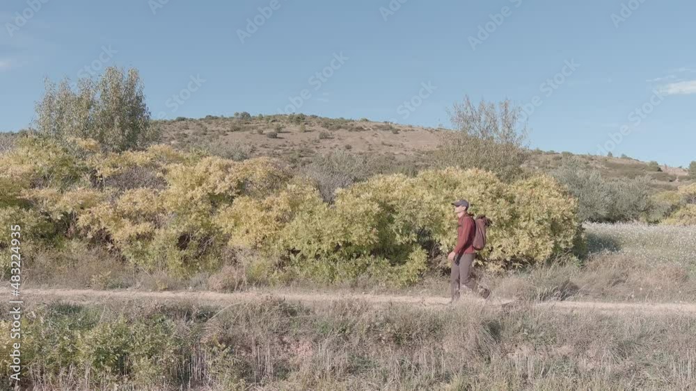 Aerial views of a man hiking in different trails in Guadalajara, Spain Aerial views of a man hiking in different trails in Guadalajara, Spain