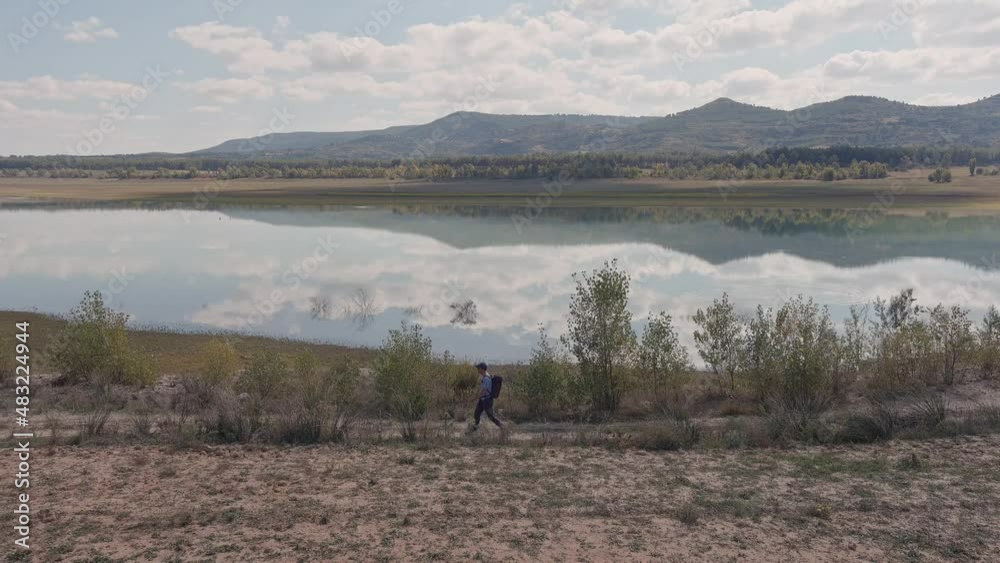 Aerial views of a man hiking in different trails in Guadalajara, Spain Aerial views of a man hiking in different trails in Guadalajara, Spain