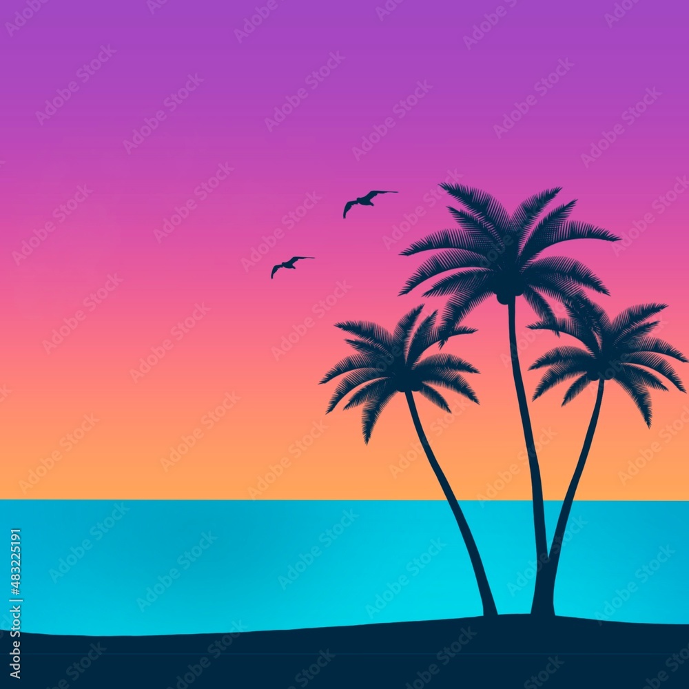 Palm trees with night gradient background, concept framework, drink, artwork, splash, wallpaper, card, summer, sea ​​view, sky