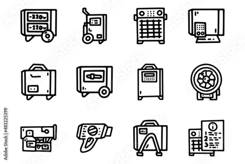 Hot air cannon line vector doodle simple icon set