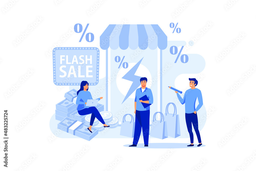 e-commerce promotion flash sale concept. a man hold megaphone. special offer, e-commerce shop promotion, retail income abstract metaphor. flat vector illustration 