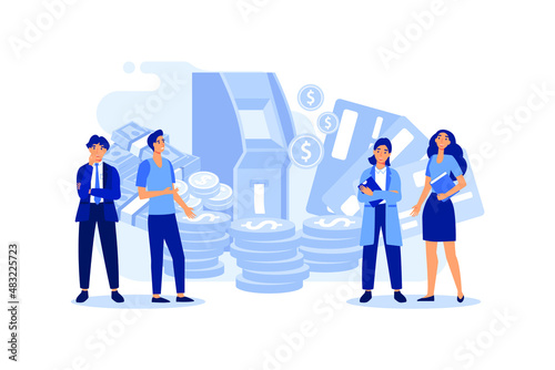 Atm business concept. Customers with credit card withdrawal money standing in line at bank atm flat vector illustration 