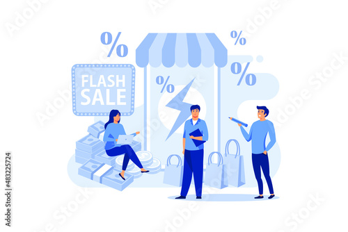 e-commerce promotion flash sale concept. a man hold megaphone. special offer  e-commerce shop promotion  retail income abstract metaphor. flat vector illustration 