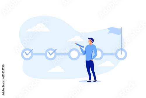 Project tracking, task completion or checklist to remind project progress concept, businessman project manager holding big pencil to check completed tasks in project management timeline. flat vector