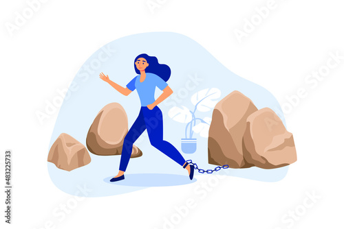 Businesswoman carrying a big rock. Young female entrepreneur is pulling big stone with a chain,