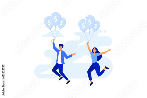 Businessman flying on balloons with currency symbols dollar. Success in business and development. Vector illustration.